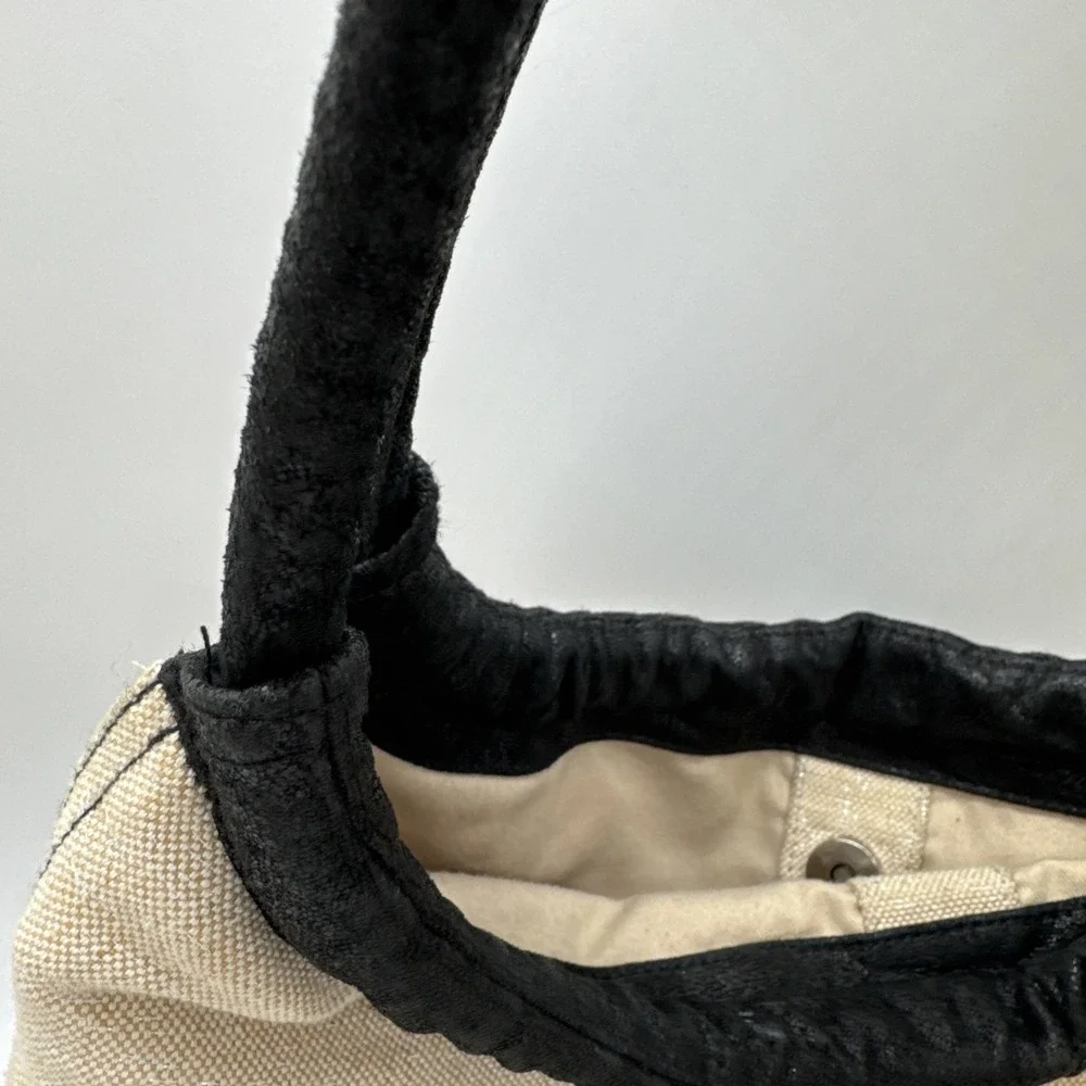 Meissi Genuine Pig Leather & Linen Hobo Shoulder Bag Black Cream‎ Woven Purse